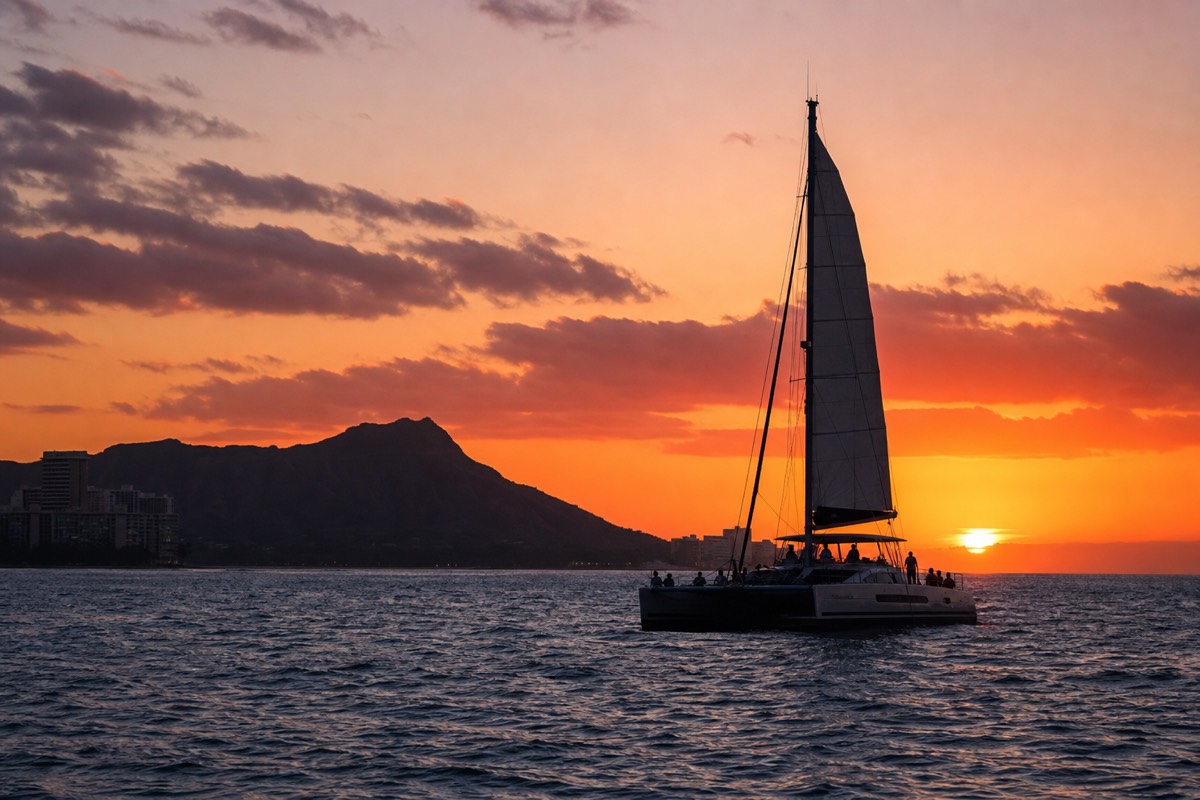 Catamaran sailing at sunset near Diamond Head in Honolulu
