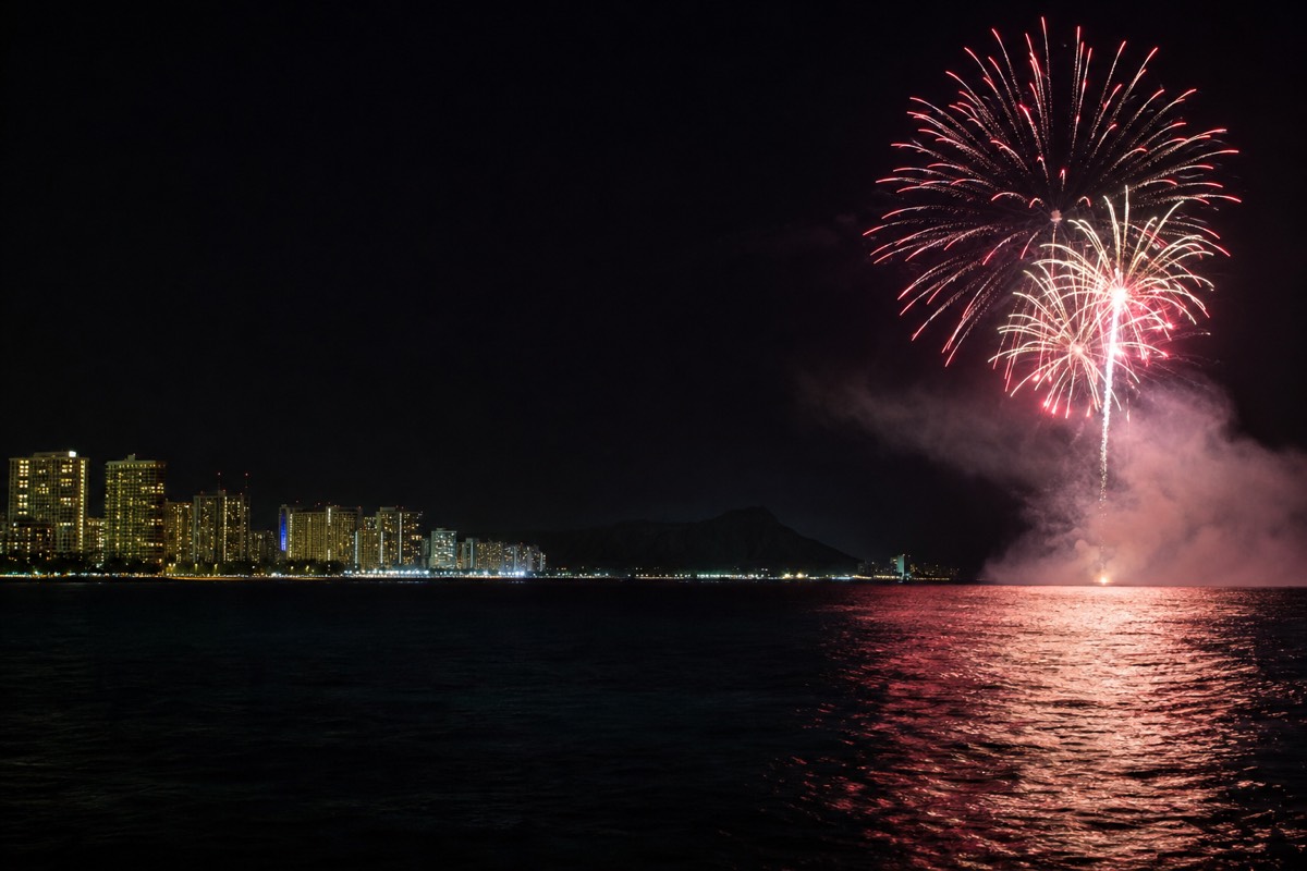 Friday fireworks over the water off Waikiki