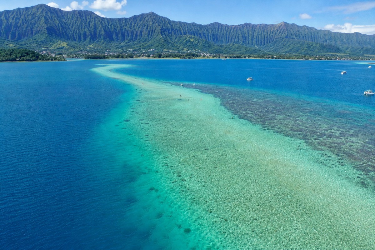 Turquoise water over the exposed Kaneohe Sandbar in Kaneohe Bay, Oahu