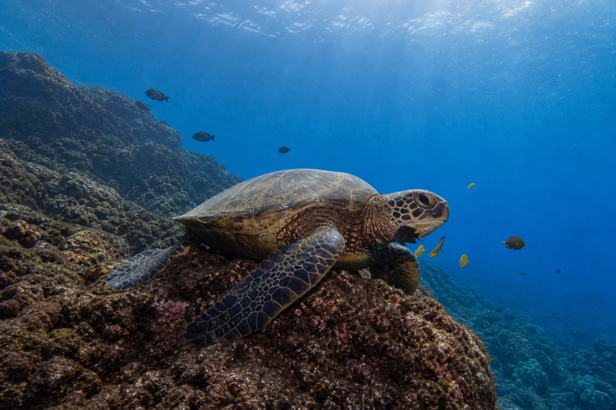 A green sea turtle (honu) swimming over the reef at Turtle Canyon off Waikiki